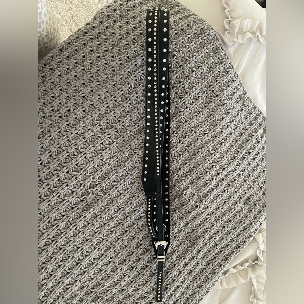 Double layer black Rhine stone leather belt